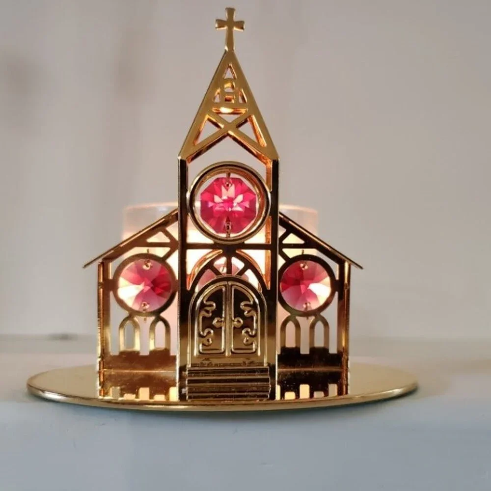 Vintage Crystal Delight 24K Gold Plated Church Figurine Pink Crystal Windows
